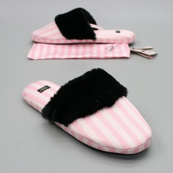 Victoria's Secret Ladies 9-10 L Pink Stripe Faux-Fur Satin House Shoes Slippers - Picture 1 of 10